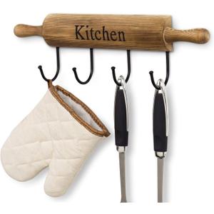 MyGift Rustic Burnt Brown Wood Kitchen Hooks for Hanging Cooking Utensils, Coffee Mugs and Hand Towels, Decorative Rolling Pin Design Kitchen Wall Decor with 4 Hooks