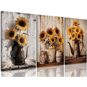 3 Piece Rustic Sunflower Canvas Wall Art for Farmhouse Vintage Floral Wall Art Flower in Pitcher Pictures Prints for Kitchen Living Room Bedroom 16"x24" Framed