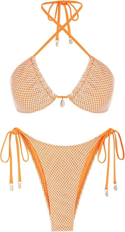 ZAFUL Women's Triangle Bikini Multiway Fishnet Tie Side Bandeau Halter String Bikini Set Two Piece Swimsuit Bathing Suits (1-orange)