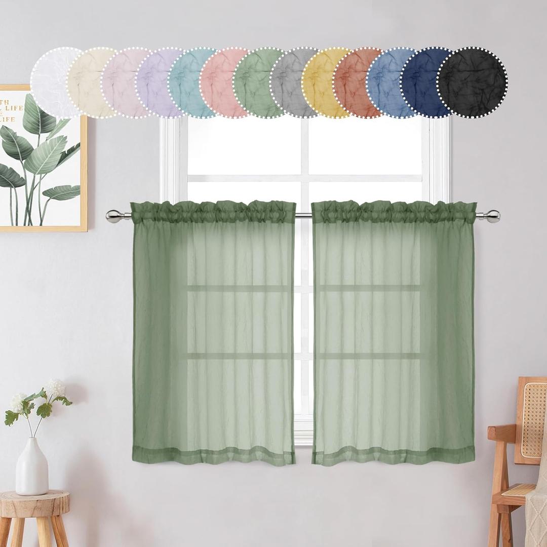 Chyhomenyc Crushed Sheer Sage Green Curtains 24 Inch Length 2 Panels, Light Filtering Solid Crinkle Voile Lightweight Textured Sheer Curtian for Bedroom Bathroom, 28Wx24L Inches, 2 PCS