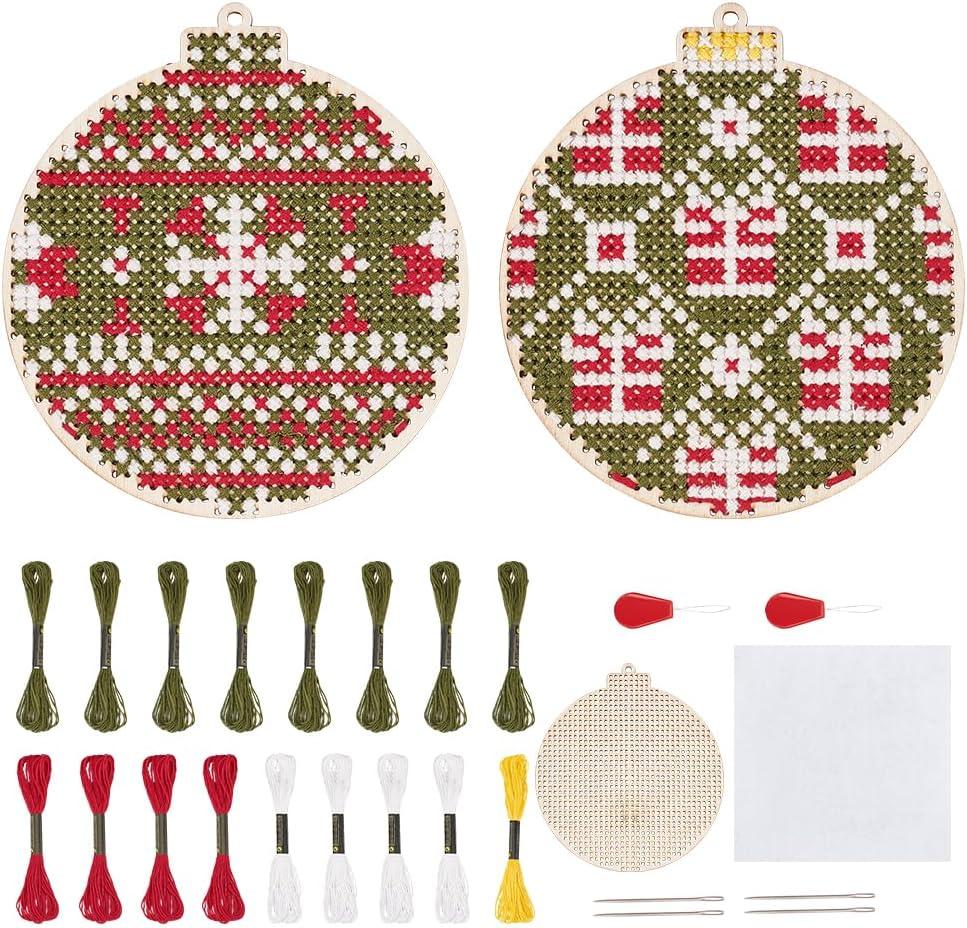 FREEBLOSS 4 Set Christmas Ball Wooden Cross Stitch Kit with Instruction Wood Pieces Cross Stitch Kit Embroidery Kits for Adults Wooden Chip Pendant for Christmas Tree