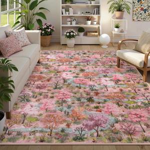 Wonnitar Forest Print Pink Rug for Bedroom, Soft Washable Rugs 5x7, Ultra-Thin Non Slip Boho Pink and Green Woodland Nursery Carpet for Living Room, Dorm, Kids Playroom