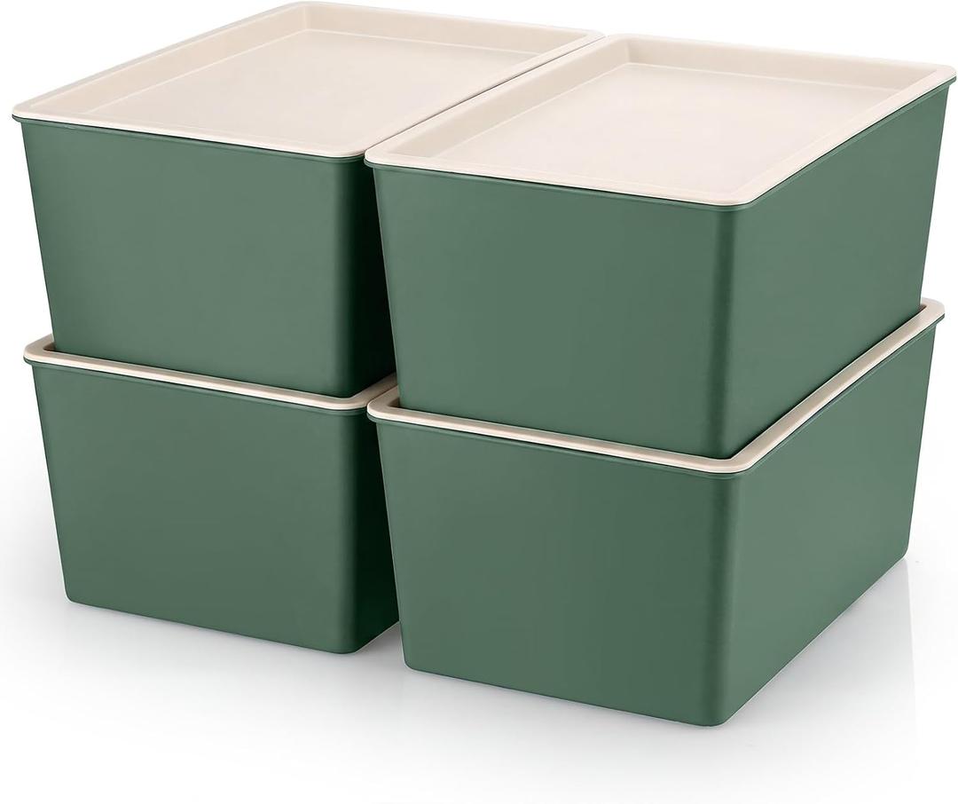 Menkxi 4 Pcs Storage Bins with Lids Plastic Stackable Containers for Organizing Shelves Christmas Ornament Box Baskets(Green,Large)