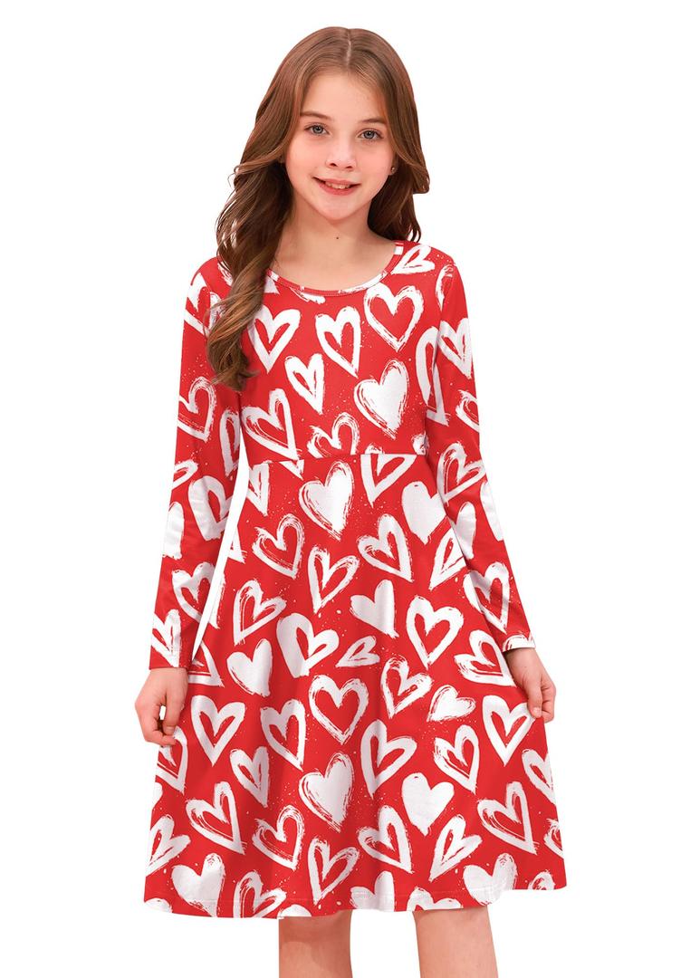 Little Girls Valentine's Day Crew Neck White Heart Red Dress Long Sleeve Adorable Outfit 6 Years