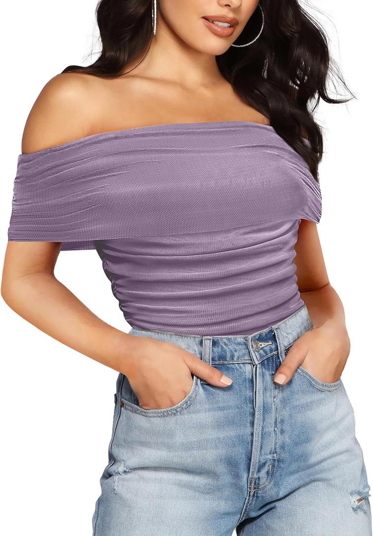 SAUNGKUAI Women's Short Sleeve Bodysuit Off the Shoulder Mesh Ruched One Piece Body Suits Summer Outfits (X-Large, Purple)