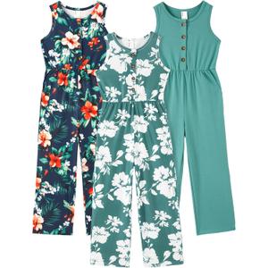 PATPAT 3 Pack Girls Jumpsuits Solid Color Floral Print Button Down Sleeveless Jumpsuits Long Romper Pants with Pockets 13-14Y