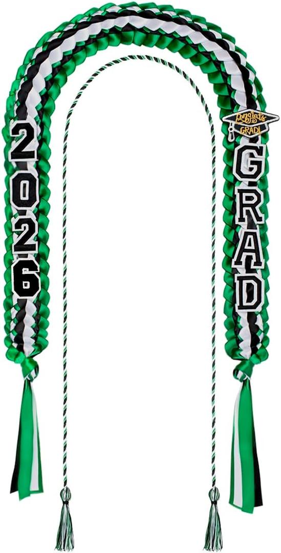 Yigney Graduation Lei Set Class of 2026 Grad Ribbon Leis with Honor Cord Double Braided Graduate Leis for Men Women Green Black White