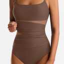 One Piece Swimsuit for Women Tummy Control Mesh Bathing Suits Sexy Push Up Swimsuits Slimming Square Neck Swimwear (Brown, XL)
