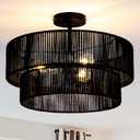 Black Boho Light Fixtures Ceiling Mount 18'' Coastal Hemp Rope Semi Flush Mount Ceiling Light Fixture 3-Light Rattan Light Fixtures with 2-Tier Drum Shade for Dining Room Kitchen Entry
