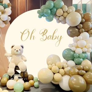 7.2FT Round Backdrop Cover Beige Round Arch Cover and Oh Baby Decal Sign - Adjustable Spandex Circle Balloon Arch Cover for Birthday Party, Baby Shower, Wedding Decorations