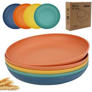 K Y KANGYUN 10 Inch Unbreakable Wheat Straw Dinner Plates, Set of 4 - Dishwasher Safe, Perfect for Camping and Dinner Dishes, BPA Free, Classic Bright