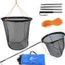 Drasry Large Collapsible Bridge Pier Fishing Net Landing Net with Rod, High Load Aluminum Ring Drop Net for Saltwater and Freshwater Pier Fishing Basket with 49.2 ft. Rope (23.6 x 23.6 x 27.5", Black)