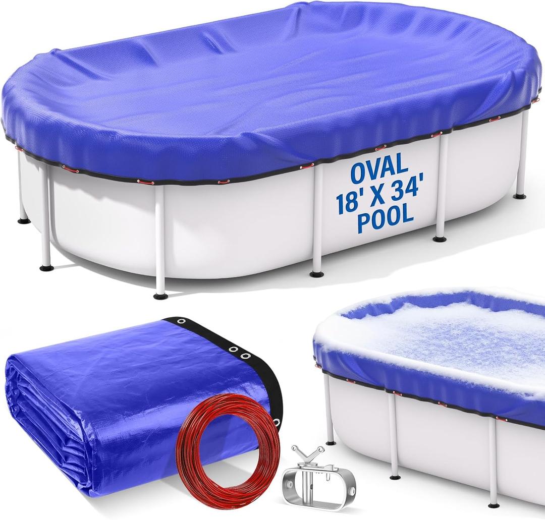 18' x 34' Oval Winter Pool Cover for Above Ground Pools, with Winch & Steel-Core Cable | Heavy-Duty | UV-Resistant | Easy Installation & Storage (Blue)