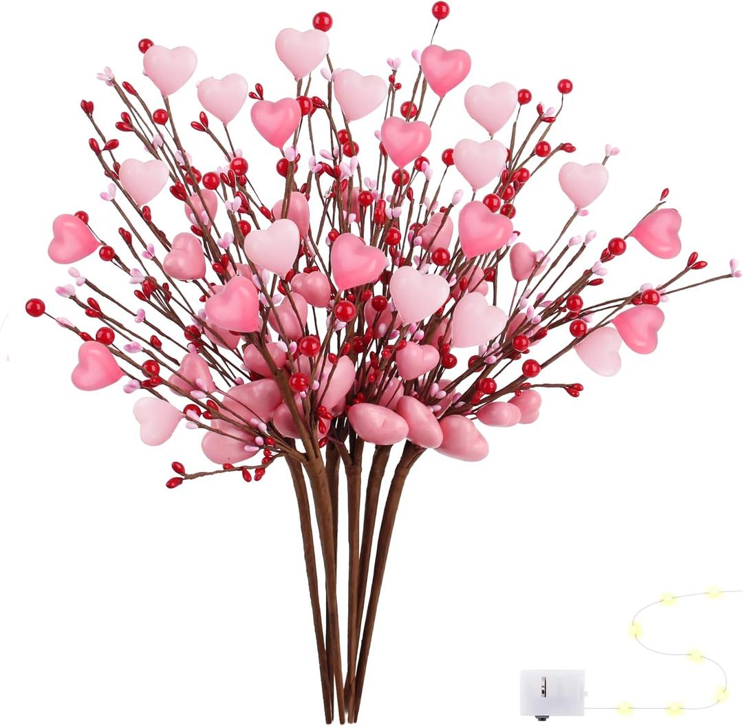 Valentine's Day Gifts Valentines Day Decorations 8PC Pink Heart Shaped Valentine Floral Picks with Red Berries Pink Roses for Valentines Day Wedding Candlelight Anniversary Flower Bouquets Decor