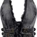 SHENHE Women's Open Back Frayed Denim Halter Top Smocked Grommet Buckle Hippie Sexy Jean Top, M