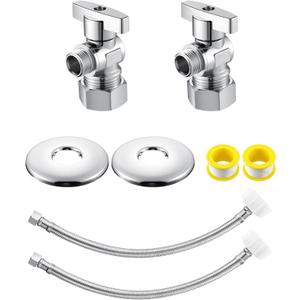 2 Pack Complete Toilet Valve Kit, Includes 1/2'' Nom Inlet x 3/8'' OD Compression Outlet Angle Shut Off, 3/8" COMP x 7/8" BC Toilet Water Supply Line, Escutcheon Plate, Sealing Tape (12 Inch)
