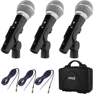 Pyle 3 Piece Professional Dynamic Microphone Kit Cardioid Unidirectional Vocal Handheld MIC with Hard Carry Case & Bag, Holder/Clip & 26ft XLR Audio Cable to 1/4'' Audio Connection (PDMICKT34),Black