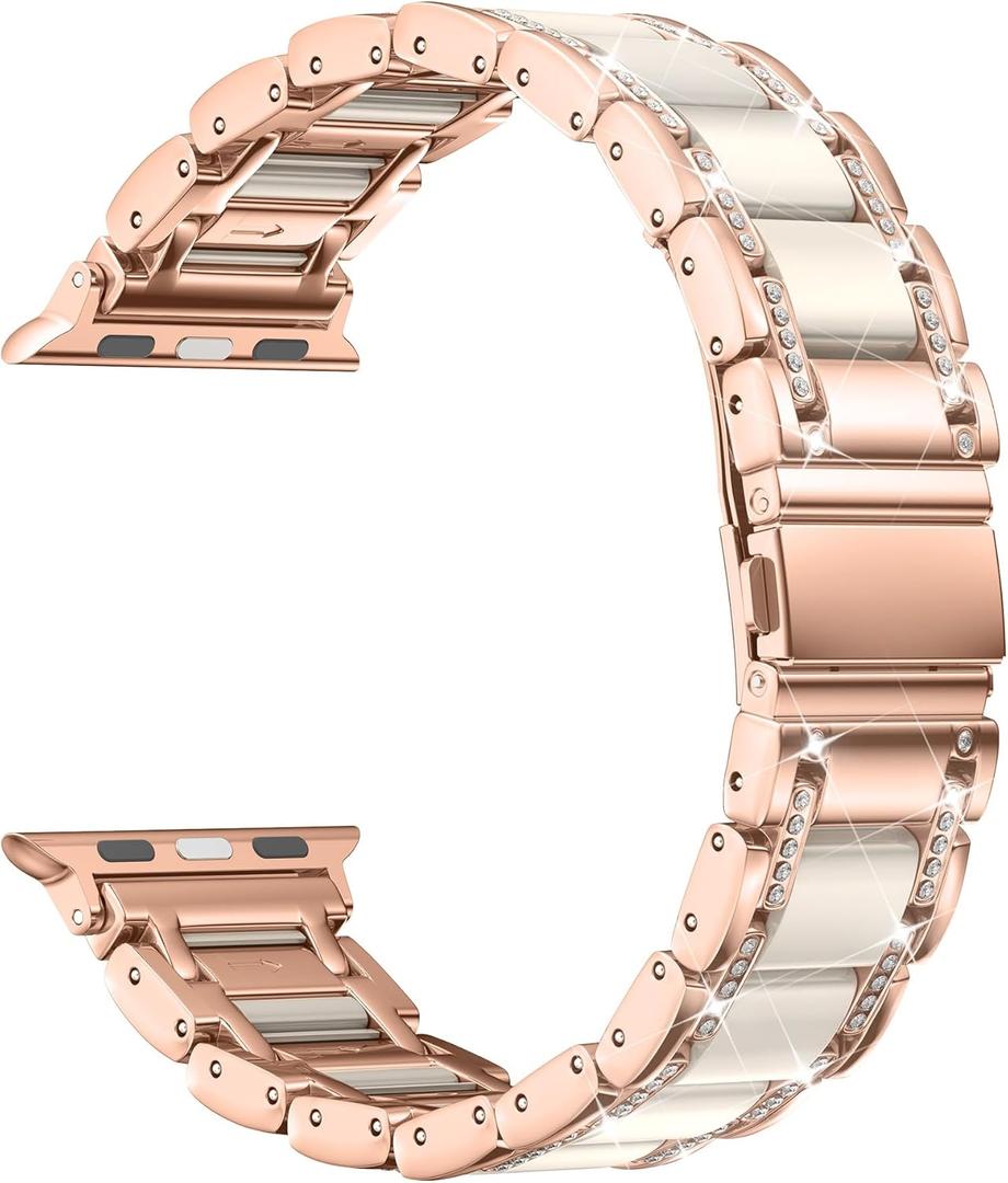Moolia Metal Band Compatible with Apple Watch Band 44/45/46/49/42mm(Series 3/2/1) Women Rhinestones Resin Wristband Diamond Bracelet for iWatch Series 11 10 9 8 7 6 5 4 3 2 1 SE/Ultra1/2/3, Rose Gold/Starlight