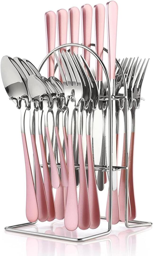 FTNESGYM 24 Pieces Silverware Set, Stainless Steel Cutlery Set with Holder, Flatware Set for 6 Person Tableware Set Includes Dinner Knives Forks Spoons Teaspoons, Mirror Polished (Pink)