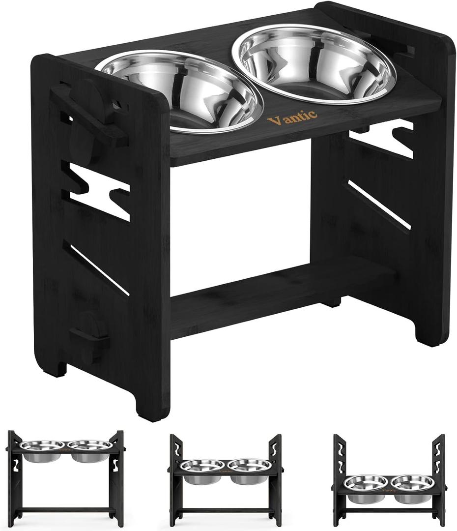 Vantic Elevated Dog Bowls, Adjustable Raised Dog Bowl Stand for Medium Sized Pet, Sturdy Bamboo Food Feeder with 2 Stainless Steel Dishes, Black