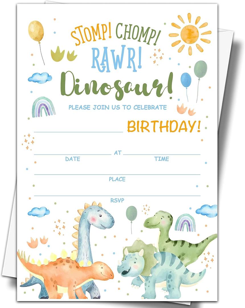YSTEP Dinosaur Birthday Party Invitations, 20 Invite Cards with Envelopes, 4" x 6" Dino Birthday Invites - C19