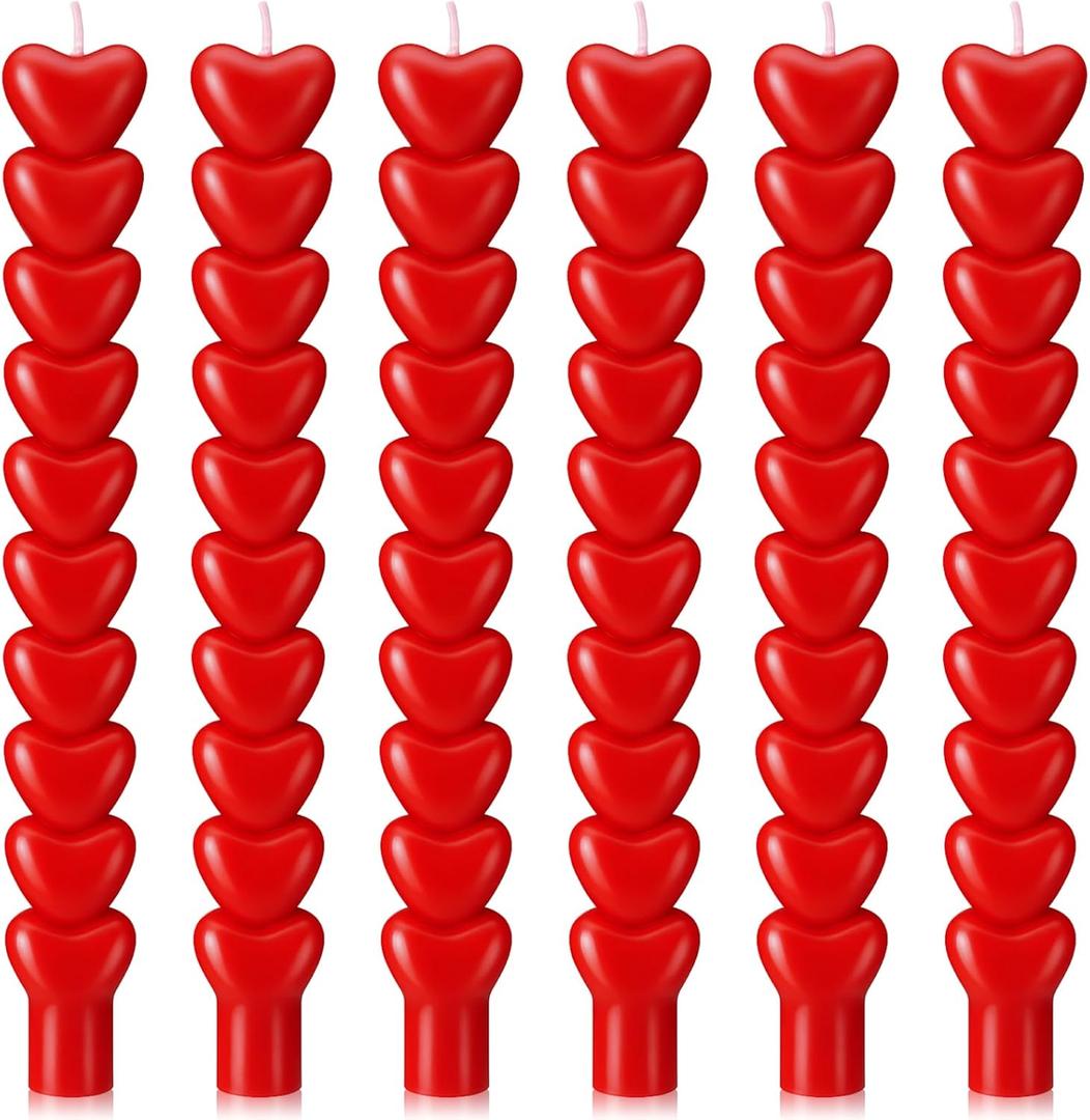 Nuanchu 6 Pcs Valentines Heart Shaped Taper Candles 10 Inch Tall Red Candlestick Valentine's Day Decorations Candlesticks Gifts Valentines Date Decor for Dinner Holiday Wedding Birthday