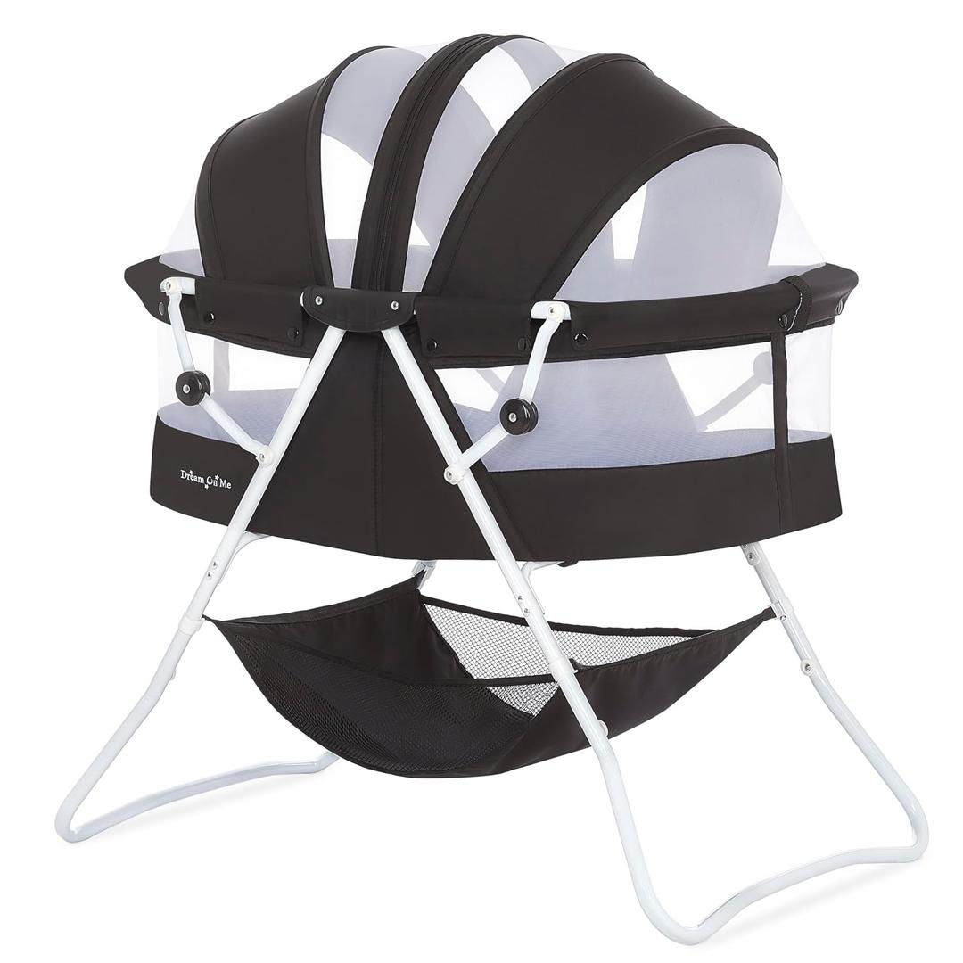 Dream On Me Karley Bassinet, Award Winner Lightweight Travel Baby Bassinet, Foldable Bedside Sleeper, Adjustable Double Canopy, Spacious Design, Soft Fabric, Storage Basket Black