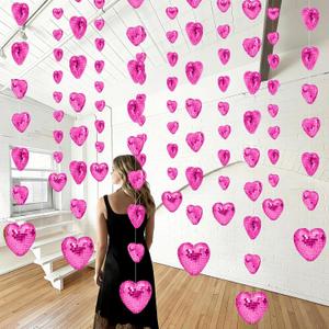 6 Pcs 4.9 ft Pink Disco Heart Garland Decorations 3D Disco Heart Garland Mirror Glitter Hanging Banner Backdrop Reflective Decor for Wedding Birthday Bridal Shower Anniversary Party Decor
