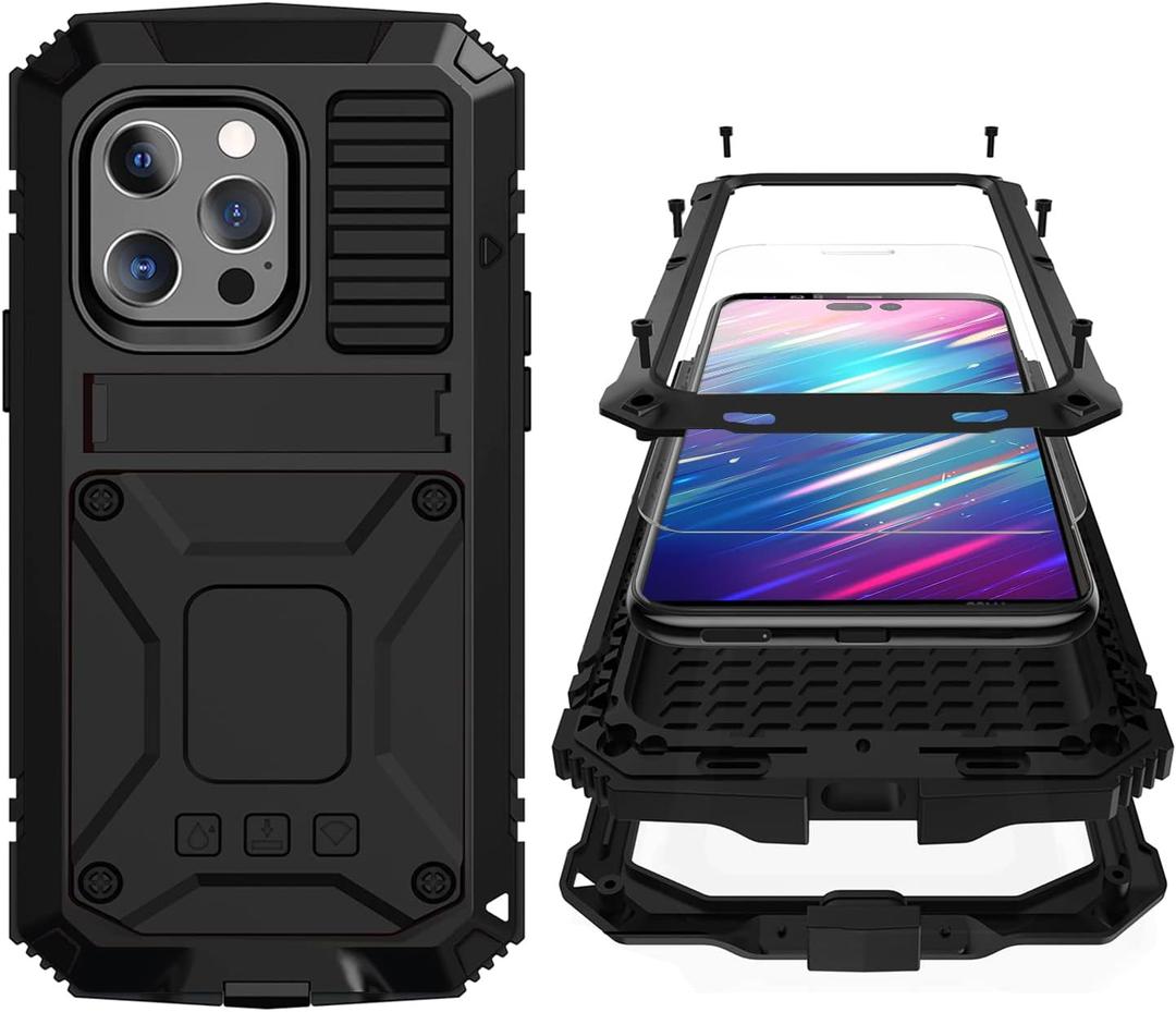 Compatible with iPhone 14 Metal Case with Screen Protector Camera Protector Military Rugged Heavy Duty Shockproof Case with Metal Kickstand Full Body Tough Dustproof Case (Black)