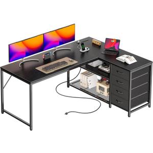 PRAISUN 53" L Shaped Desk with Power Outlets and USB-C Port, Reversible Computer Corner Office Desk with 4 Fabric Drawers and 2 Height-Adjustable Shelves, Large for Gaming Writing Work Study, Black