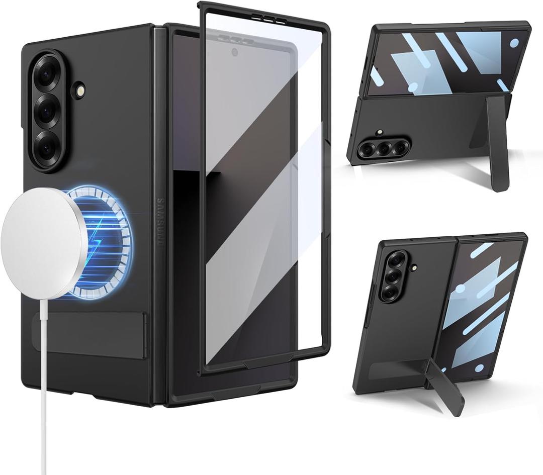 for Samsung Galaxy Z Fold 7 Case, Adjustable Metal Stand, Compatible with Round Shape Magsafe Accessories, Built in Screen Protector, Ultra Thin and Slim, Magnetic 2025, Black