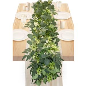 6Ft Eucalyptus Garland, Upgrade Bushy Artificial lvy Greenery Vines with Flower Gypsophila Willow Leaves for Home Wedding Party Table Runner Centerpiece Decor (1pcs)