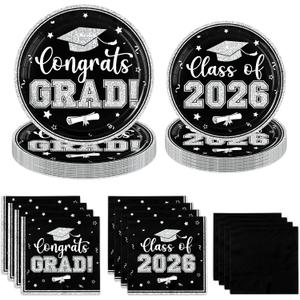 Graduation Plates and Napkins 2026,Black and Silver Graduation Decorations 200pcs Graduation Paper Plates and Napkins Graduation Party Supplies for Graduation Party Decorations,Serve 50