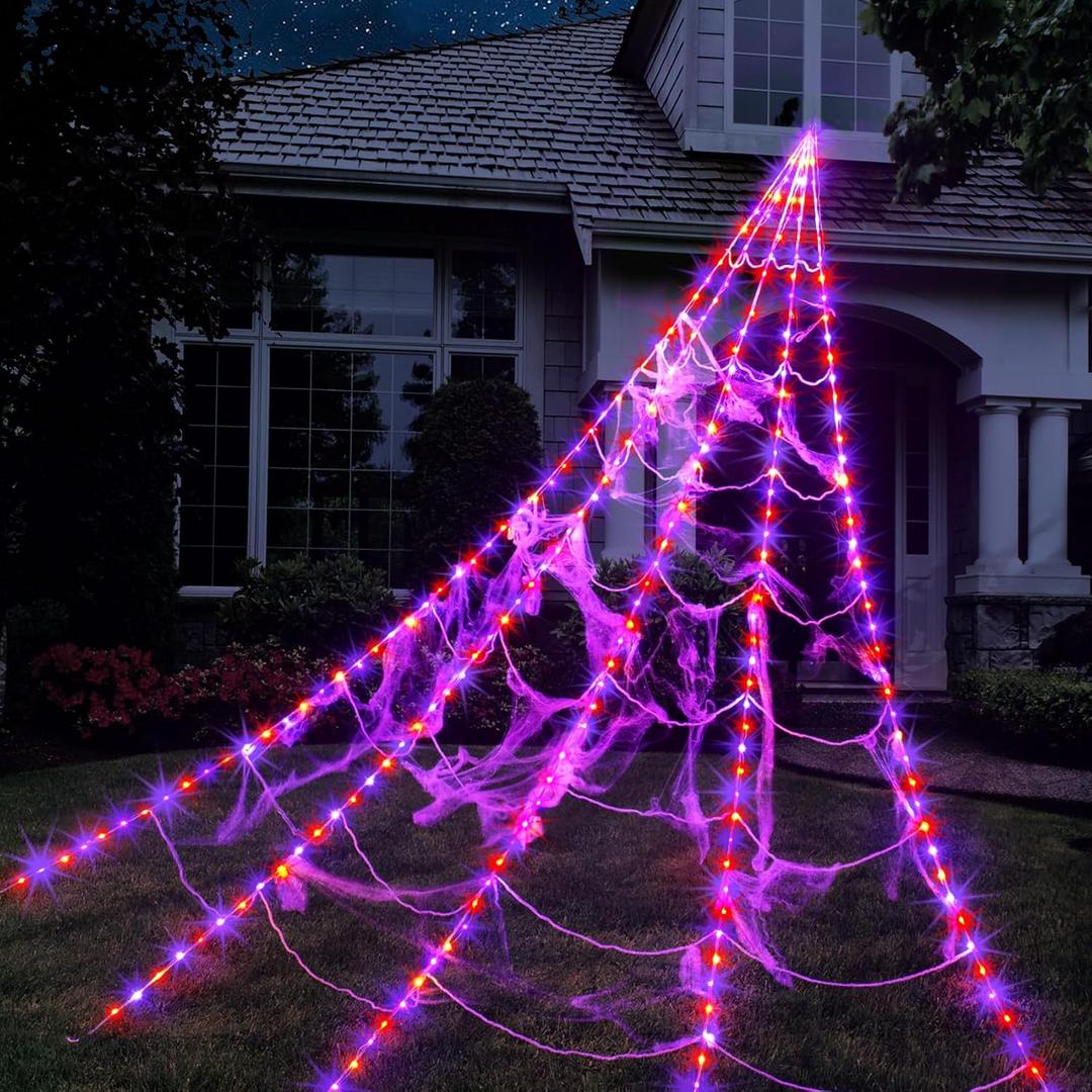 Halloween Spider Web Lights 250 LED Lighted Spider Web Giant 16.4Ft Halloween Decorations Light up with 8 Lighting Modes Waterproof & Timer for Outdoor Indoor Yard Haunted House Decor, Purple & Orange