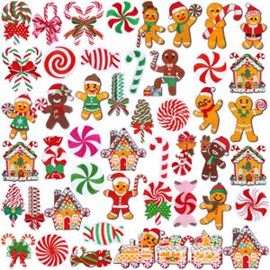 48 Pcs Christmas Iron on Patches Gingerbread Candy Cane Embroidery Applique Patch Christmas Candy Patches for Clothing, Jackets, Bags, Dress, Hats DIY Applique Emblem Accessory