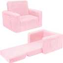 SLIGUY Toddler Couch Convertible Sofa to Lounger Pull Out Couch Sherpa Cover Dark Pink, Medium