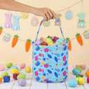 Remerry Easter Hawaiian Basket Blue Cartoon Tropical Floral Print Egg Hunt Bucket with Handle, Canvas Animation Theme Spring Treat Bag for Easter Party Supplies and Decor Eggs Gift Fillers