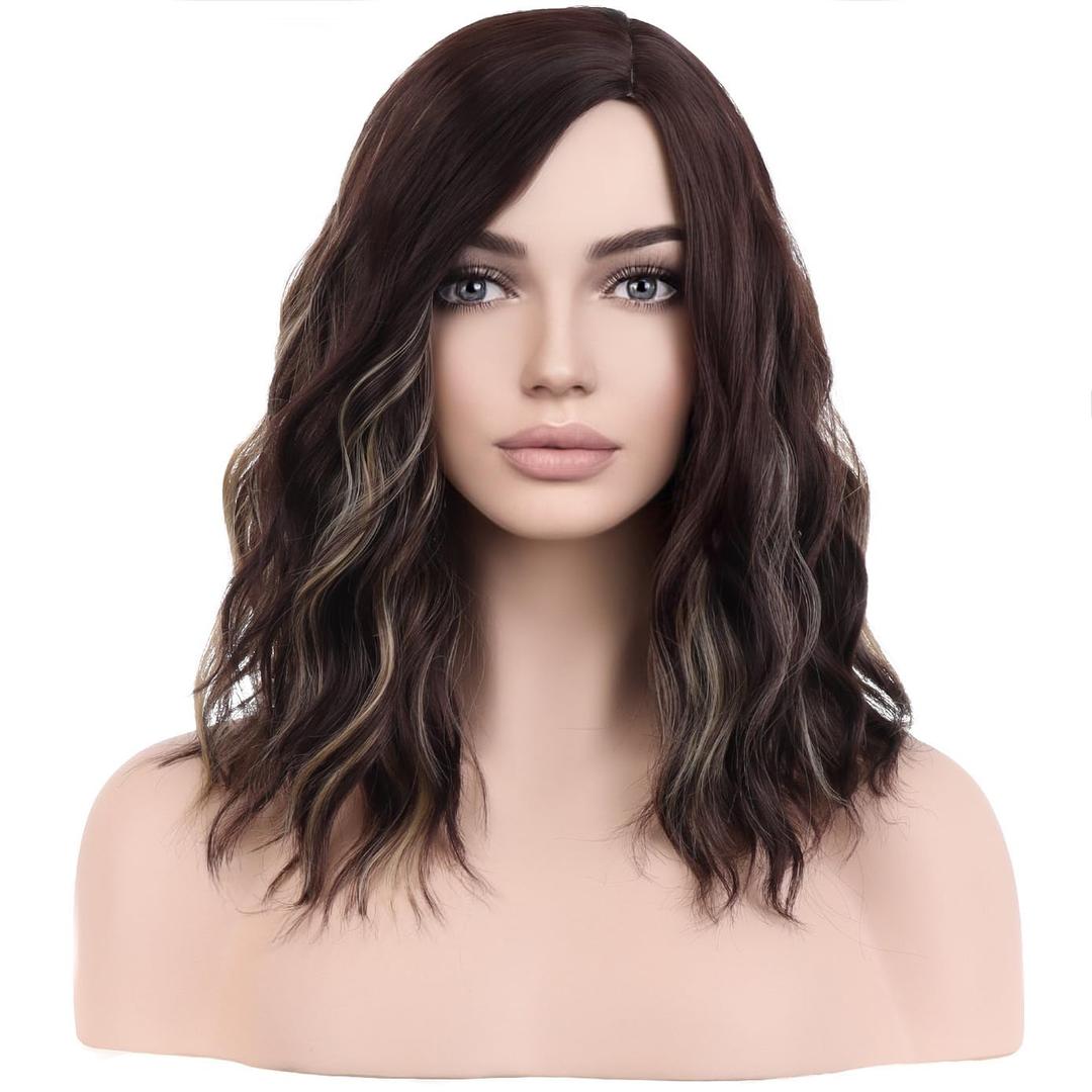 BERON 14" Women Brown Blonde Wigs Girls Short Curly Bob Wavy Wig Brown Highlights Body Wave Halloween Cosplay Daily Party Wigs