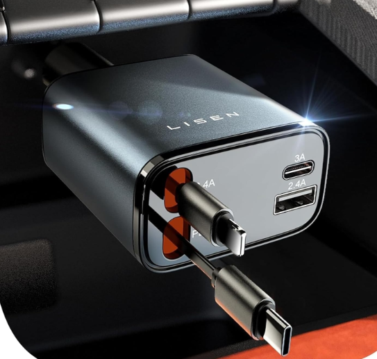 LISEN Retractable Car Charger, for Valentines Day Gifts for Him Her, 69W Cars Adapter USB C Fast Charger for iPhone 17 15 12, Car Accessories Gadgets for Men, Anniversary Birthday Gifts for Men Women