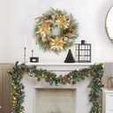 Artificial Christmas Wreath for Front Door - 24 Inch Winter Wreaths Gold Poinsettia with Pine Cones & Ornaments Faux Greenery Wreath for Wall Window Porch Farmhouse Home Holiday Indoor Outdoor Decor