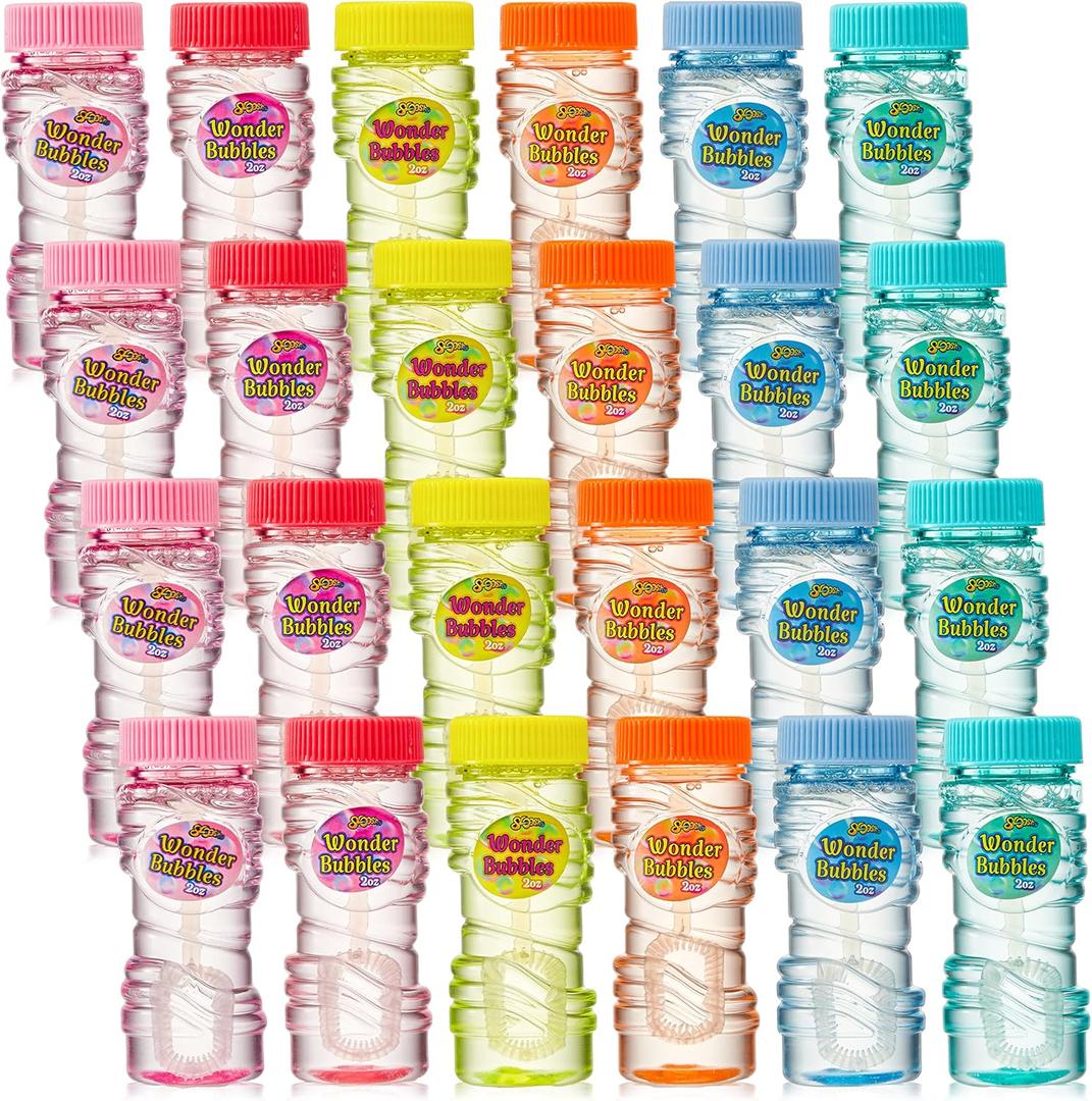 Sloosh 24 Pack 2oz Refill Bubble Solution Bottle with Wands for Kids' Bubble Toys Summer Activity, Easter, and Assortment Party Favors