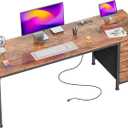 PRAISUN 63 Inch Computer Office Desk with Power Outelts and USB-C Port, Reversible Gaming Desk with 4 Fabric Drawers, Work Study Desk Work from Home, Rustic Brown