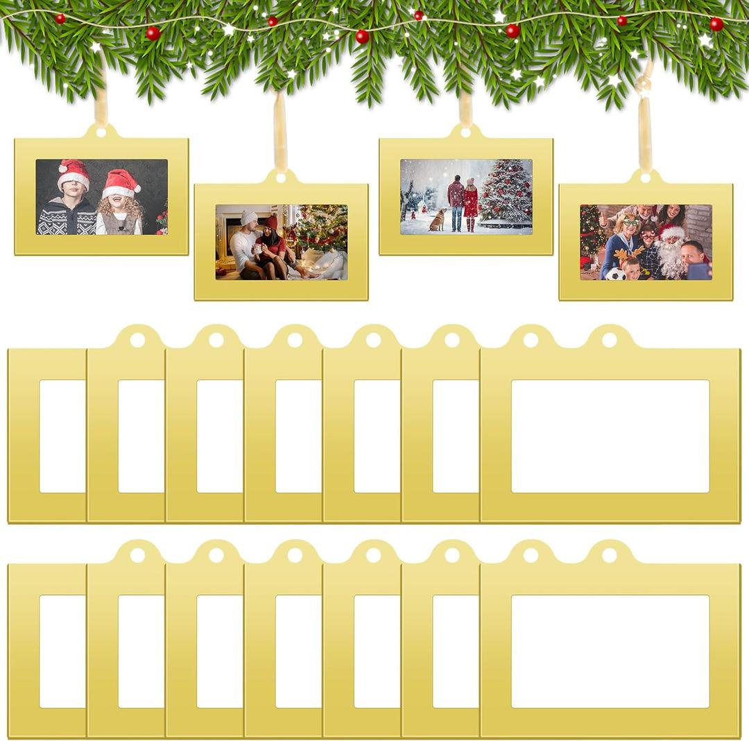 Barydat 15 Pcs Metal Christmas Photo Frame Ornaments Bulk 2 x 3 Inch Heavy Duty Reusable Small Frame Decorations for Xmas Tree Home Indoor Outdoor Decor Gifts (Horizontal,Gold)