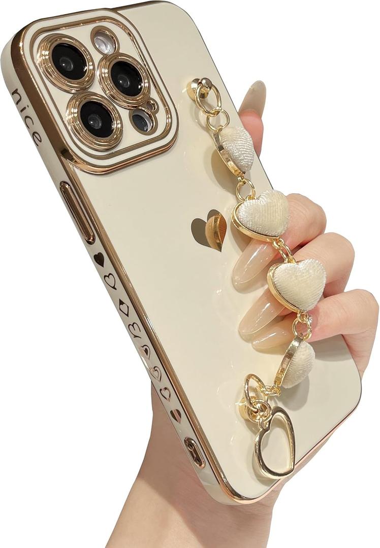 Caseative for iPhone 16 Pro Case,Cute Plating Love Heart Wrist Strap Chain Bracelet Phone Case (White)