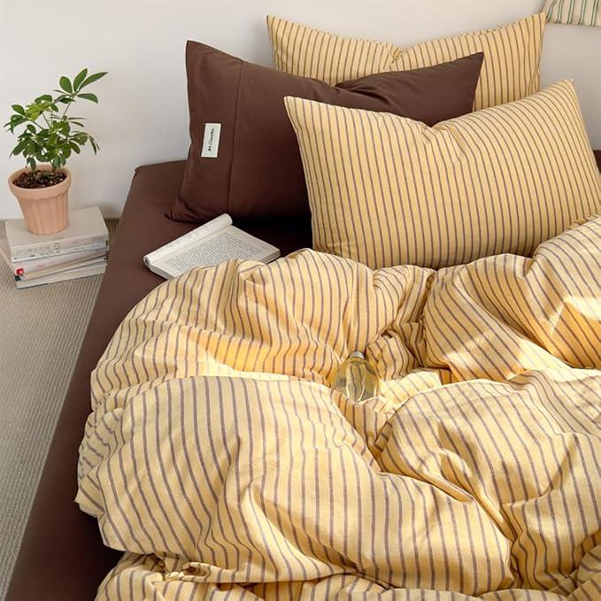 Striped Duvet Cover Set Full Size Yellow Brown Striped Bedding Set | Retro Vertical Stripes Dorm Comforter Duvet Soft Lightweight Microfiber Duvet Cover with 2 Pillowcases,Zip Closure,No Insert