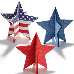 2 x 4th of July Wooden Star Signs, 3D Red White Blue Star Table Decor Glitter Patriotic Star Table Centerpieces for Independence Day Memorial Day Labor Day Tiered Tray Signs Americana Home Office Desk Shelf