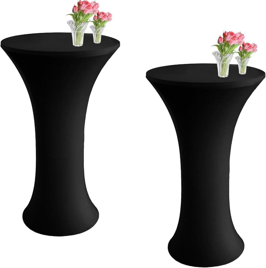 JYCHX 2 Pcs Round 24 x 43 Inch Highboy Spandex Cocktail Tablecloth Black- Fitted Cocktail Elastic Table Covers, Protective, Reusable, Wrinkle Resistant, for Party, Pub, Banquet, Bistro, Bar