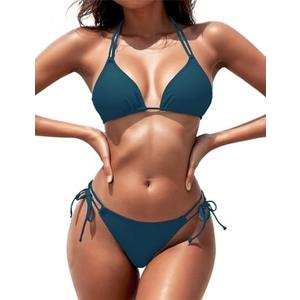 Zuvebamyo Women's Triangle Bikini Sets Two Piece Double Straps Halter Swimsuit Tie Side String Cheeky Bathing Suits, Small