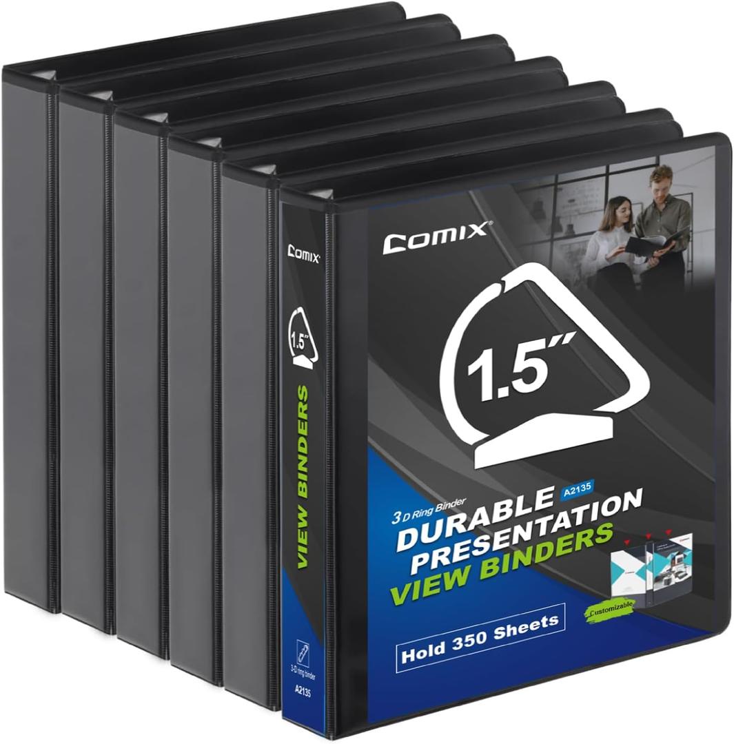 Comix Sturdy 1.5 Inch D-Ring Binders, 1.5'' 3 Ring Binder with Clear View Cover, 2.4mm-Thick, 1-1/2 Inch Rings Holds 350 Sheets of 8.5" x 11" Paper, 6 Packs (Black)