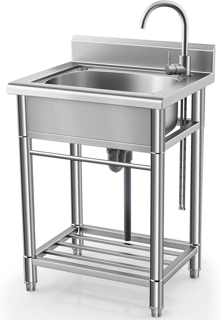 Utility Sink Free Standing Single Bowl Kitchen Sink with Cold and Hot Water Pipe Stainless Steel Sink for Laundry Room Bathroom Farmhouse (23 Inch)
